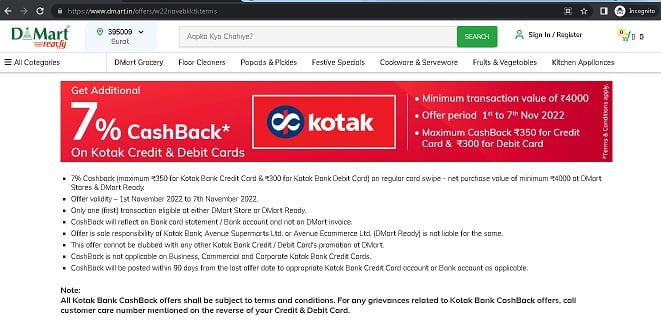 Dmart-Kotak-online-cashback-details