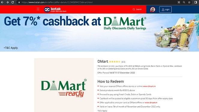 Kotak Bank offline cashback November